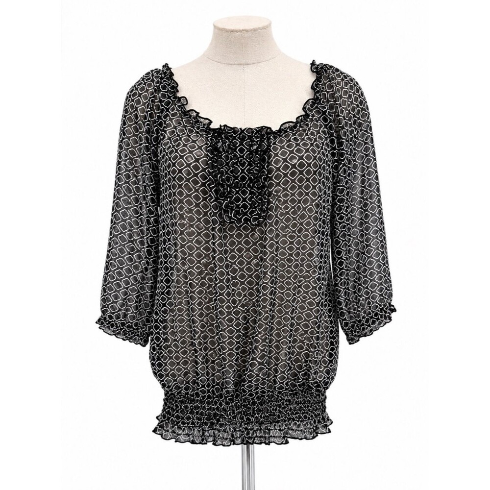 Maurices Black White Geometric Smocked Peasant Blouse Size Medium Y2k